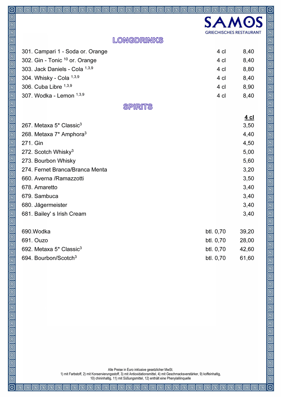 SAMOS menu, drinks menu & wine list